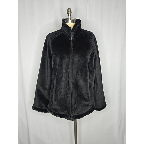 GREEN TEA WOMEN Black Plush Fleece Zip Jacket Coat Size  XXL Soft & Warm - Picture 1 of 9